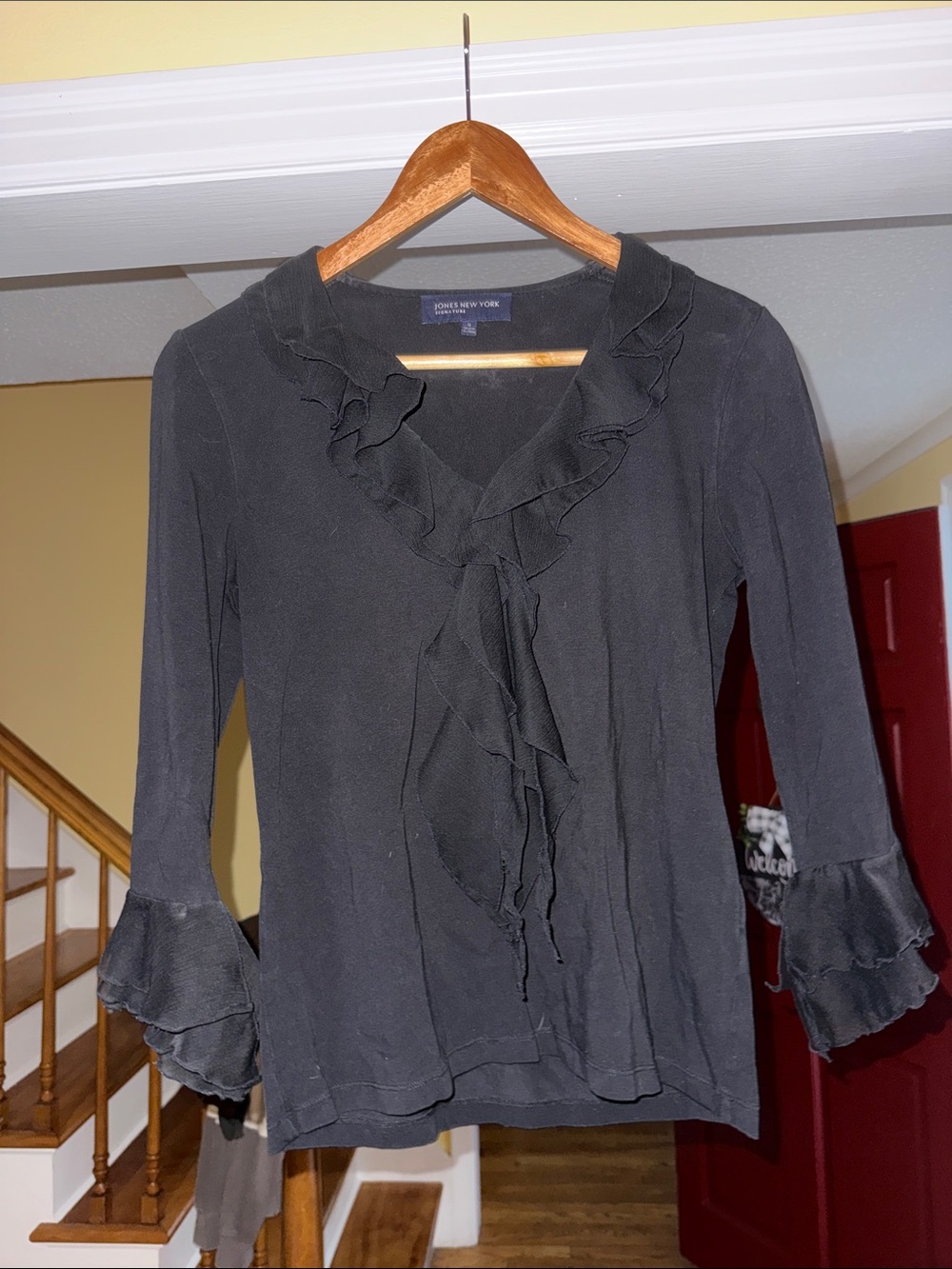 Jones New York Black Ruffle-Front V-Neck Blouse
